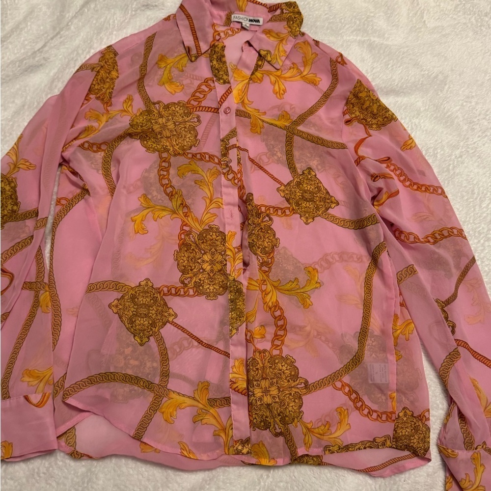 Print Sheer Button-Up Blouse (Size S)